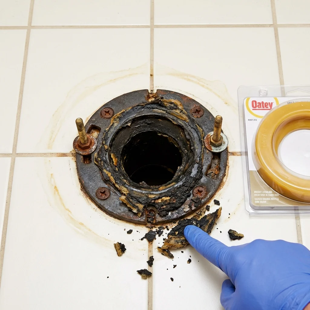Failed wax ring showing water seepage at the base of a toilet in a Hardin, IL home