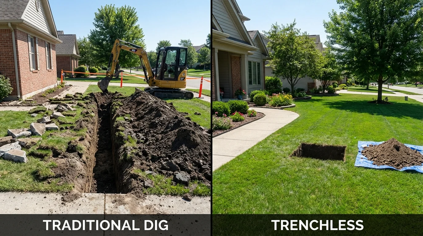 Trenchless sewer repair with minimal yard damage versus traditional excavation in Hardin, IL
