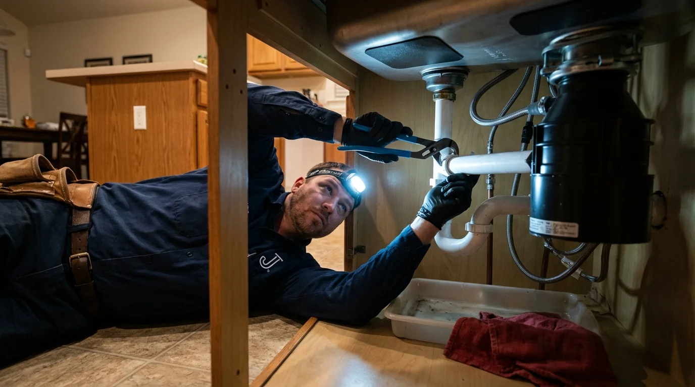 P-trap and supply line connections under a kitchen sink showing a common leak point in Hardin, IL